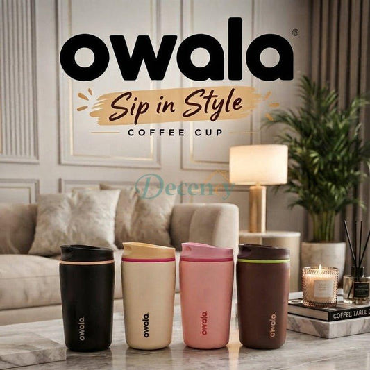 Four colorful Owala Sip in Style insulated coffee cups displayed on a marble table with feature icons below.