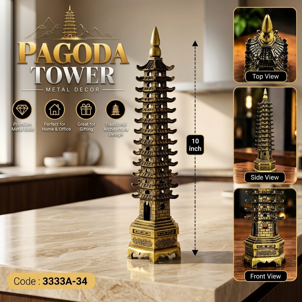 Pagoda Tower metal decor 10-inch height vintage showpiece placed on a wooden table
