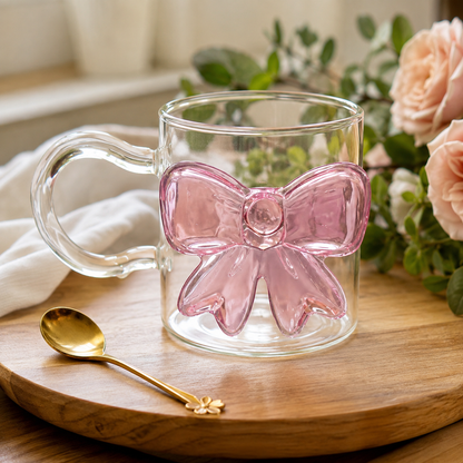 Clear glass mug featuring a 3D pink glass bow motif on a wooden platter.   