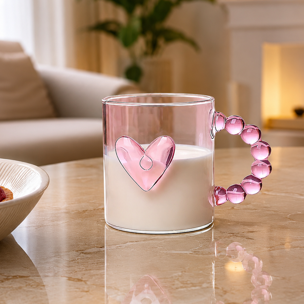 Front view of a clear glass mug featuring a pink heart shape and a bubble-beaded handle filled with milk on a marble table.   