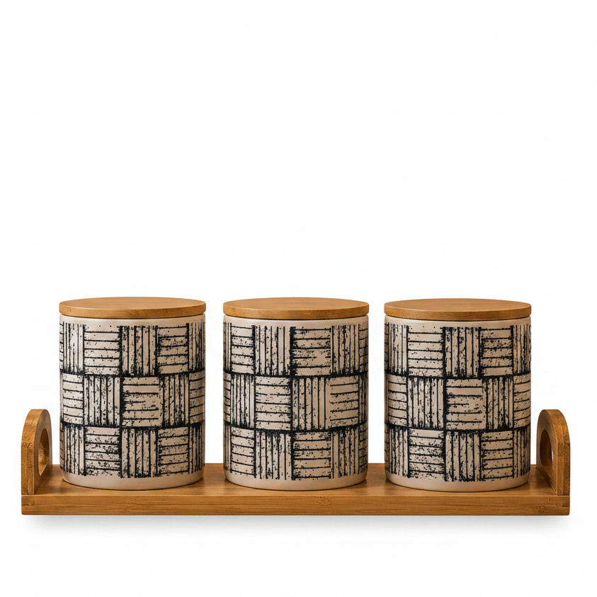 Three plaid pattern ceramic kitchen storage canisters arranged neatly on a wooden tray.