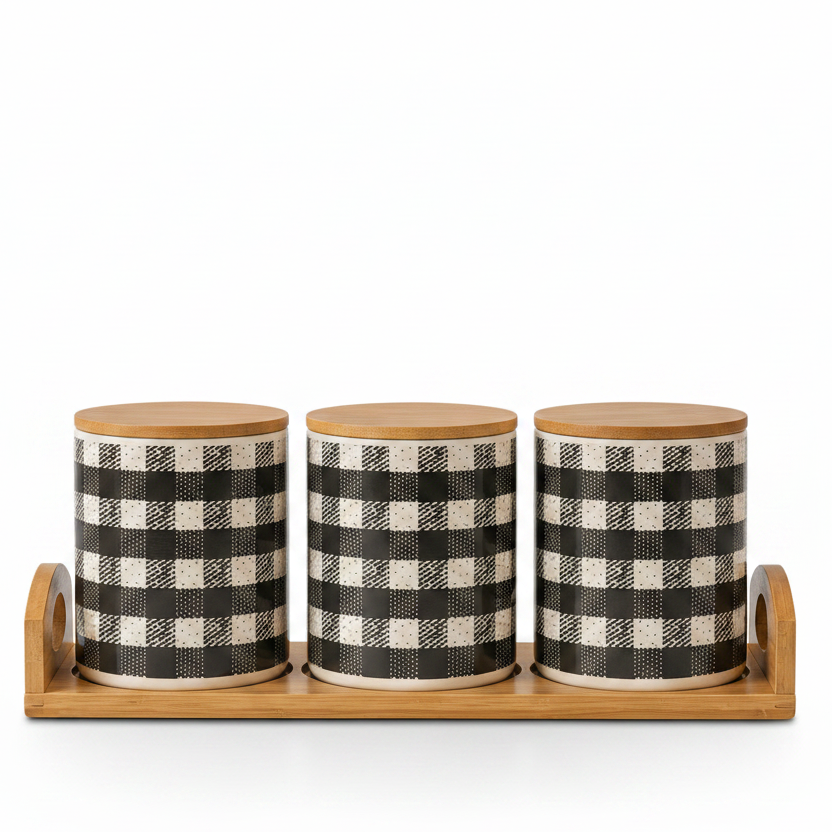 Three plaid pattern ceramic kitchen storage canisters arranged neatly on a wooden tray.