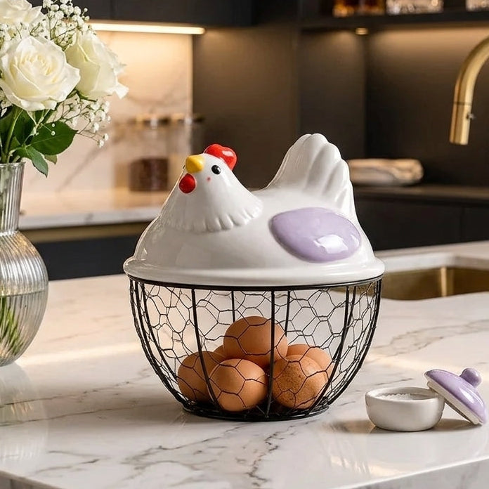 Plastic hen egg storage basket sitting on a white marble kitchen countertop next to flowers