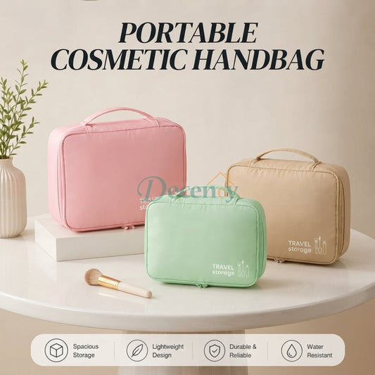 Three portable cosmetic handbags in pink, green, and beige displayed on a white table with a makeup brush