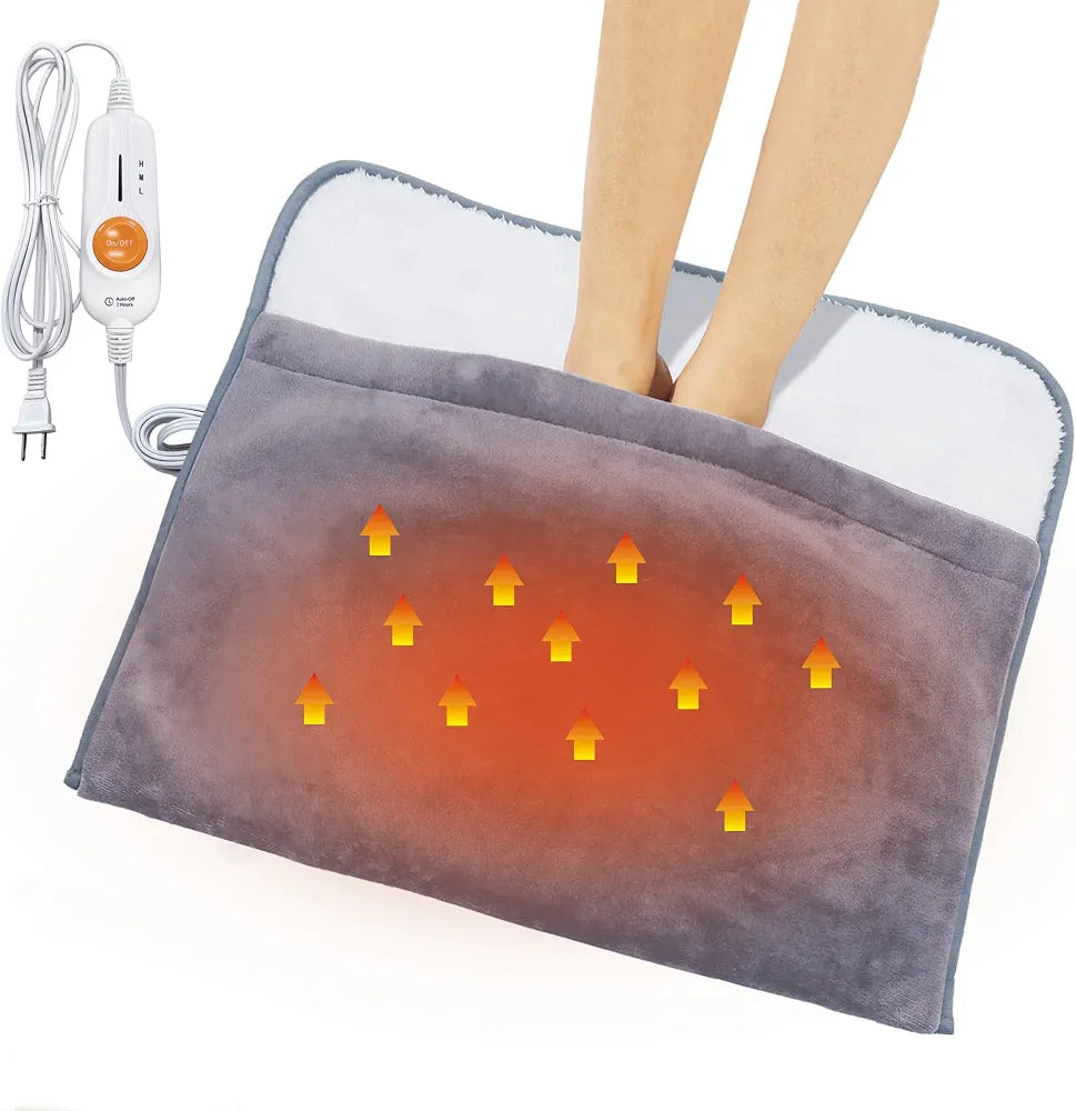 Portable electric foot heating warmer pad in grey with white plush lining