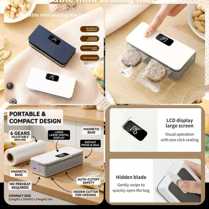 Compact dimensions and portable design of the white handheld mini bag sealer.