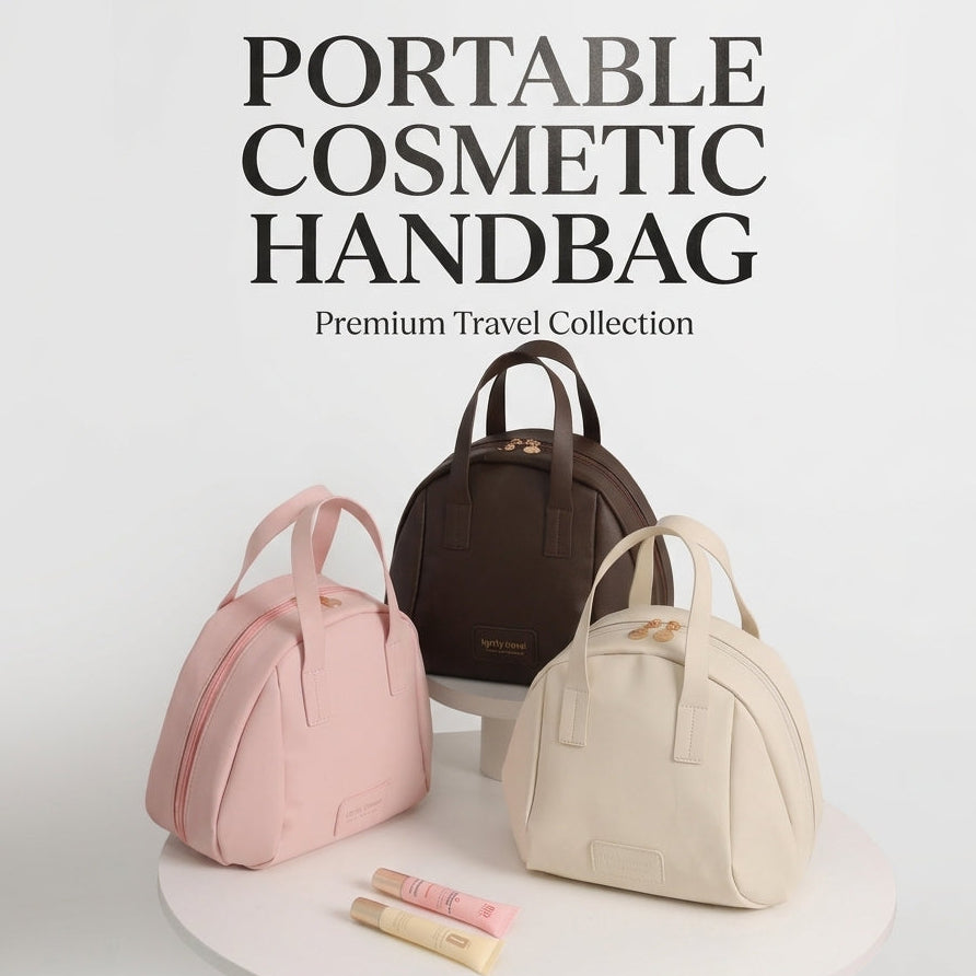 Portable round cosmetic handbags displayed in pink, brown, and beige colors on a white pedestal.