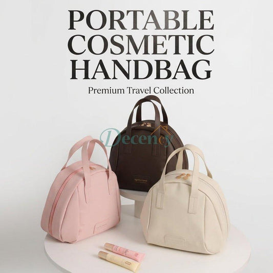 Portable round cosmetic handbags displayed in pink, brown, and beige colors on a white pedestal.