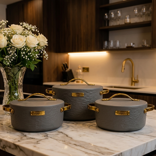 Premium 3-piece insulated hotpot set with lids displayed on a kitchen counter.