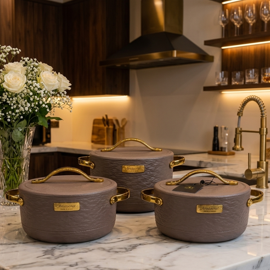 Premium 3-piece insulated hotpot set with lids displayed together on a kitchen counter