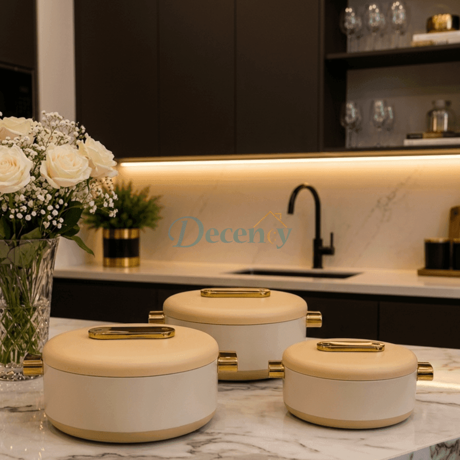 Premium 3 piece insulated hotpot set in white and silver with matching lids displayed on a kitchen counter