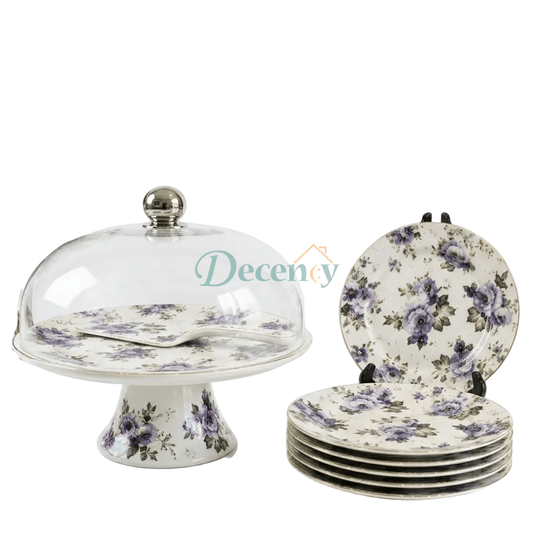 Close-up of the elegant patterned plates and cake stand from the Royal Albert Luxe collection.