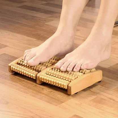Premium wooden acupressure foot roller massager displayed on a clean white surface.