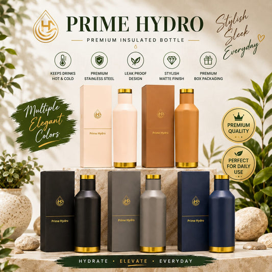 A promotional collage for Prime Hydro premium insulated bottles, showing multiple bottle colorways and their matching boxes on a styled stone surface with decorative leaves and rocks. Text highlights features such as keeping drinks hot and cold, premium stainless steel design, leak proof construction, stylish matte finish, and premium box packaging.