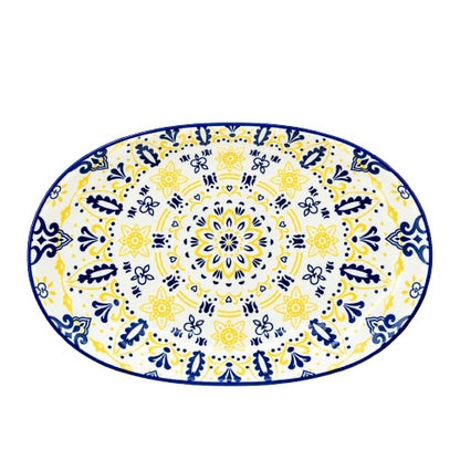 Top view of oval printed ceramic serving tray with vibrant blue and yellow mandala pattern