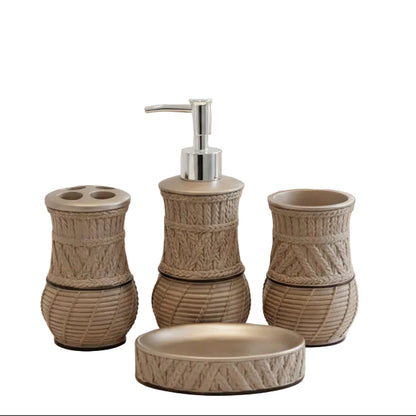 4-piece rattan-weave design ceramic bathroom accessories set displaying soap dispenser, toothbrush holder, tumbler, and soap dish.