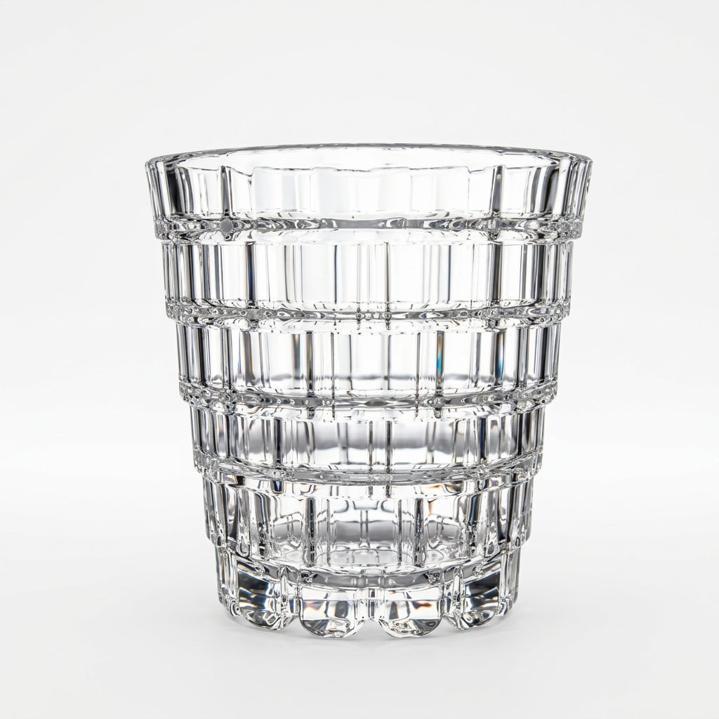Front view of a clear RCR Italia glass featuring a detailed textured cut crystal pattern