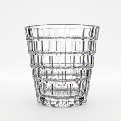 Front view of a clear RCR Italia glass featuring a detailed textured cut crystal pattern