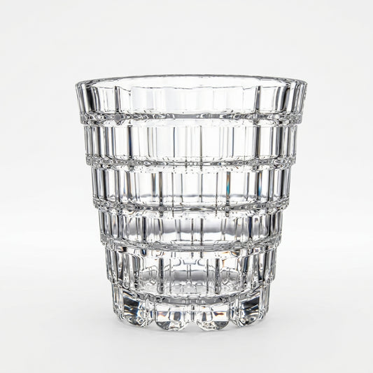 Front view of a clear RCR Italia glass featuring a detailed textured cut crystal pattern