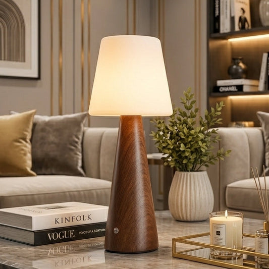 Modern rechargeable wooden touch table lamp illuminated on a coffee table in a luxury living room