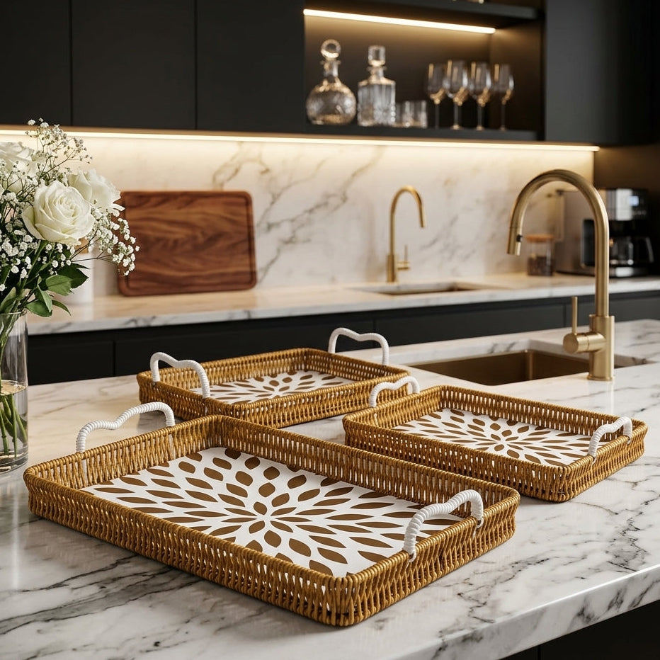 3-piece rectangular rattan serving tray set displayed on a marble kitchen island