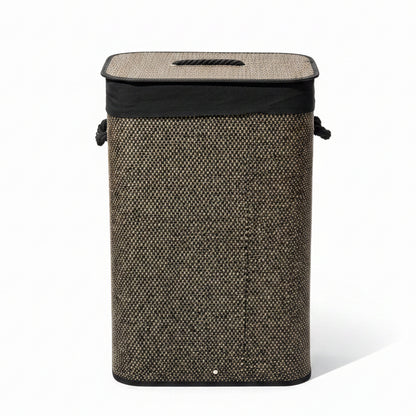Front view of a rectangular woven dark brown laundry basket with lid on tile floor
