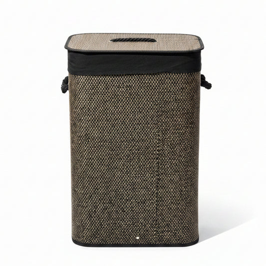 Front view of a rectangular woven dark brown laundry basket with lid on tile floor