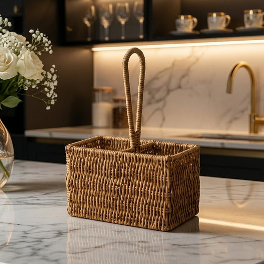Rectangular woven rattan cutlery caddy basket placed on a rustic wooden table.