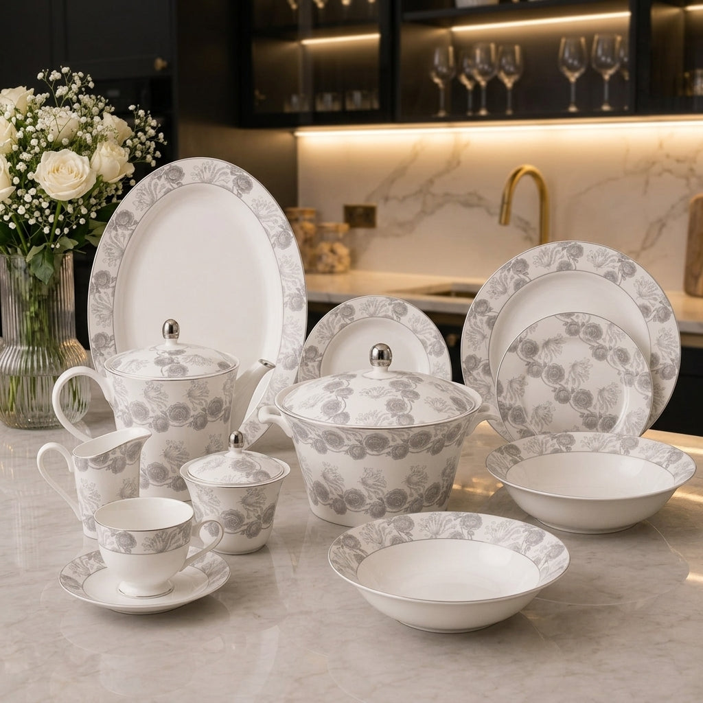 Full 61 piece Regal Silver Blossom ceramic dinner set arranged on a dining table