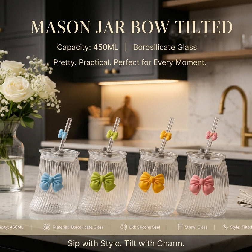Set of four clear ribbed glass tumblers featuring colorful decorative bows and glass straws lined up on a marble kitchen counter.