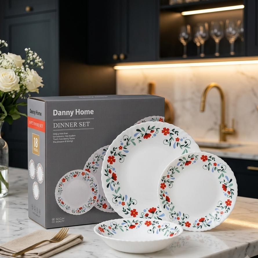 Danny Home 18-piece dinner set in grey original box packaging on a marble countertop