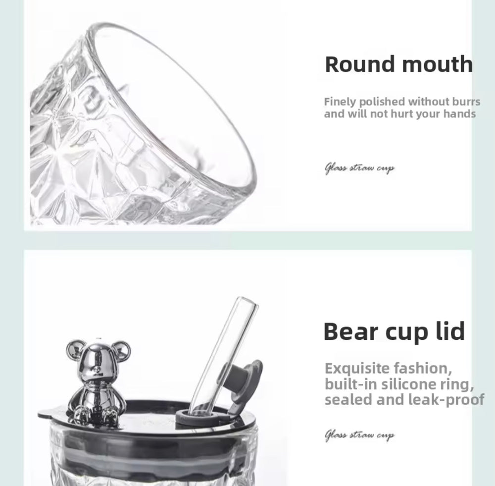 Luxury Bear Glass Tumbler with Lid & Straw - Vintage Coffee Cup