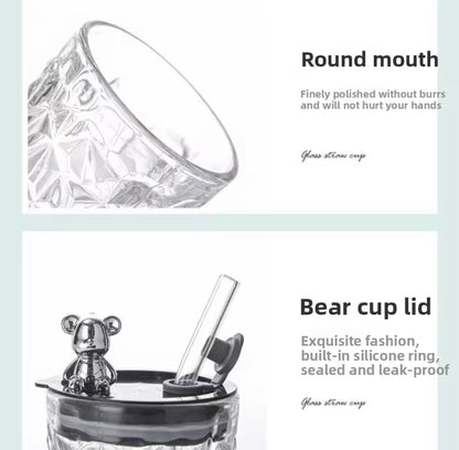 Luxury Bear Glass Tumbler with Lid & Straw - Vintage Coffee Cup