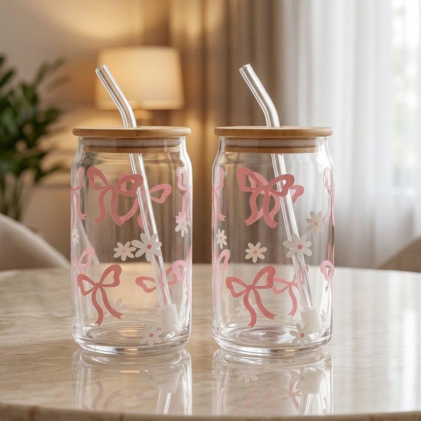 Danny Home 2 Pcs Red Ribbon Bow Glass Tumbler Set with Bamboo Lid & Straw