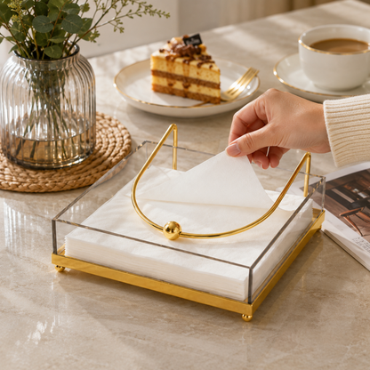 Acrylic Napkin Holder with Gold Metal Stand & Weighted Arm