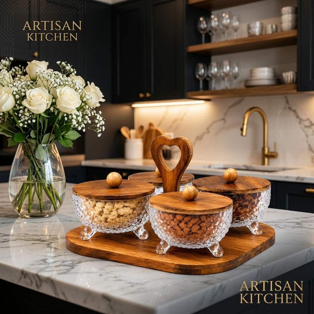 4 Pcs Luxury Crystal Dry Fruit Serving Bowl Set with Wooden Tray
