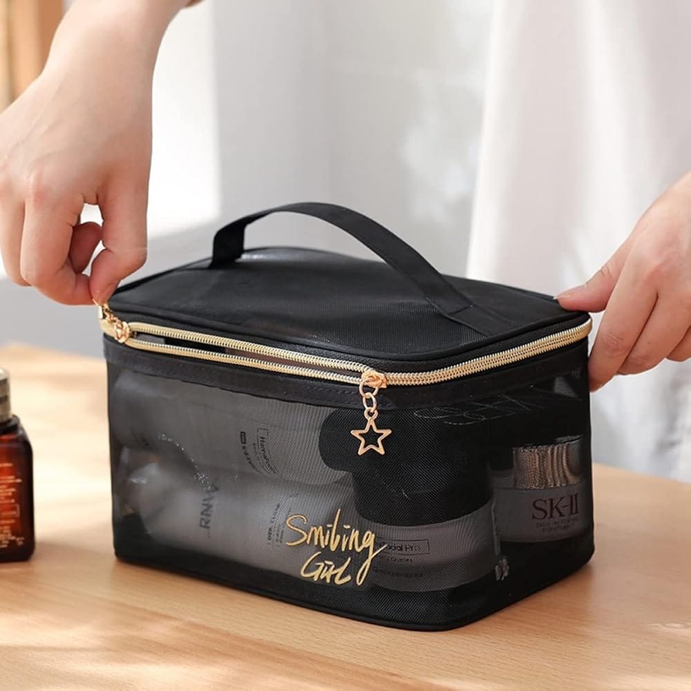 5 Pcs Transparent Cosmetic Bag Set – Black Mesh Makeup Pouch