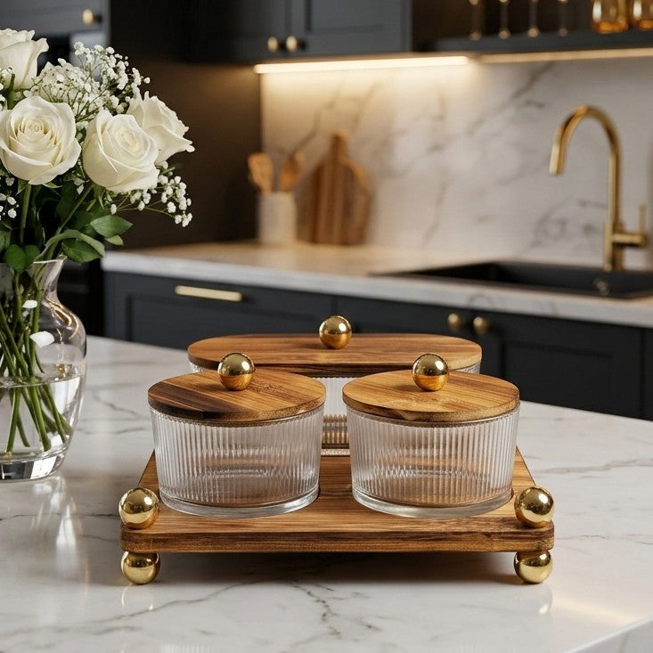 Luxury Glass Spice Jars Set with Wooden Tray & Brass Accents