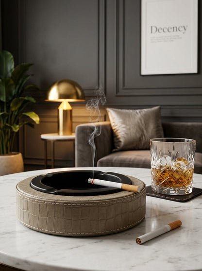 Luxury Leather & Stainless Steel Cigar Ashtray for Home and Office