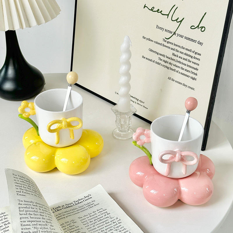 Cute Flower Saucer Ceramic Coffee Mug with Bow & Floral Handle (1 Pc)