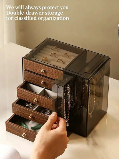 Luxury Wooden Jewelry Organizer Box with Glass Cabinet & Drawers