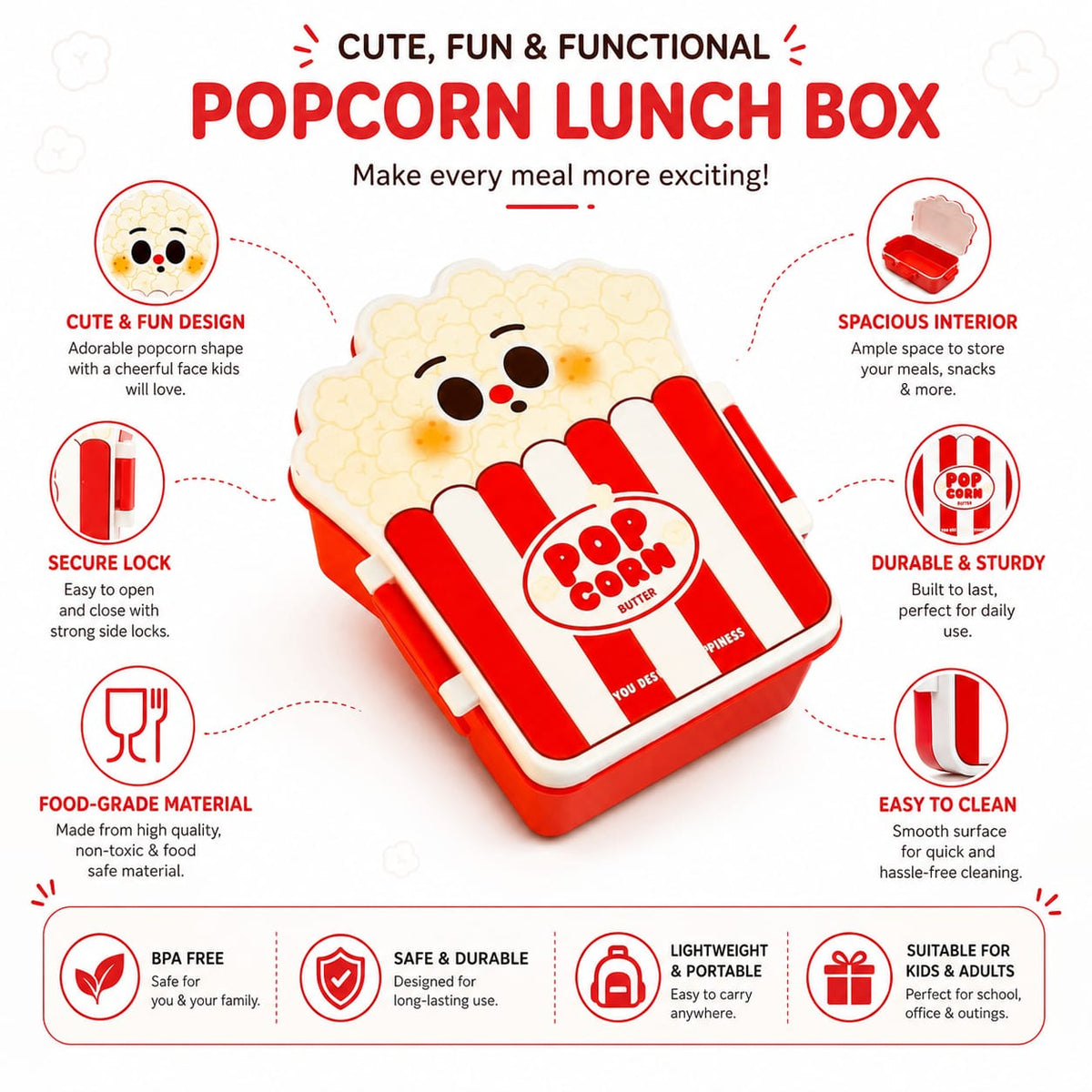 Cute Popcorn Design Lunch Box for Kids - Compartment Tiffin Box