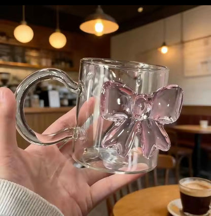 Pink Bow Clear Glass Mug - Cute Aesthetic Coffee Cup