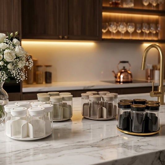 360 Rotating Glass Spice Jar Rack Set for Kitchen Countertop