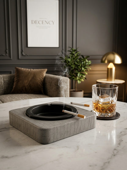 Luxury Leather & Stainless Steel Cigar Ashtray for Home and Office