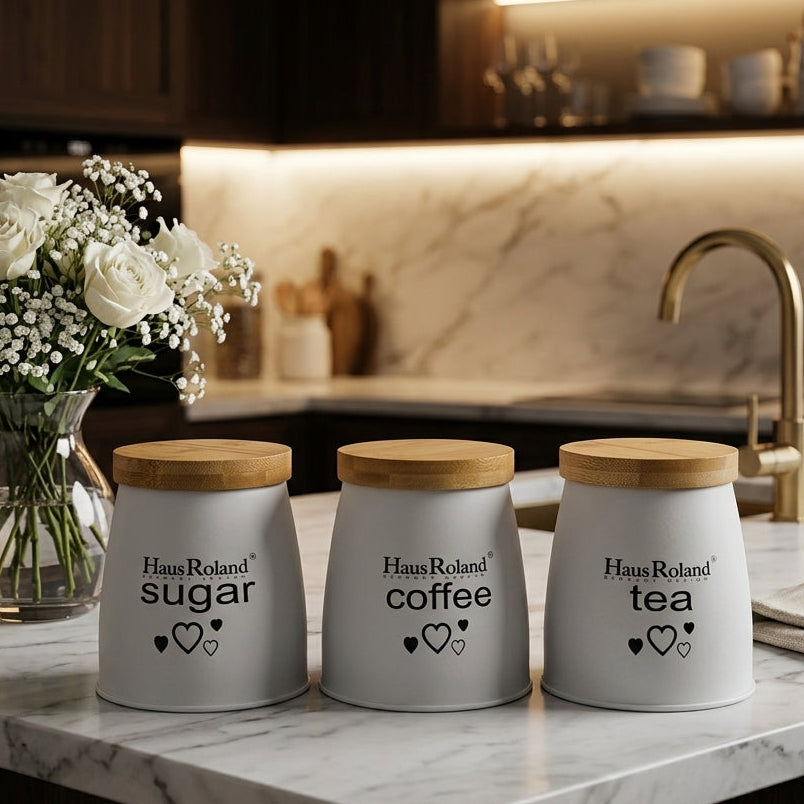 Haus Roland 3-Piece Tea Coffee Sugar Canister Set with Wooden Lids