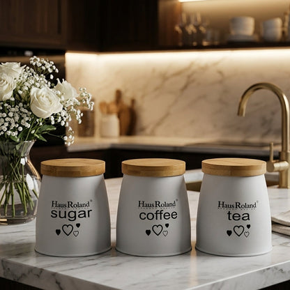 Haus Roland 3-Piece Tea Coffee Sugar Canister Set with Wooden Lids