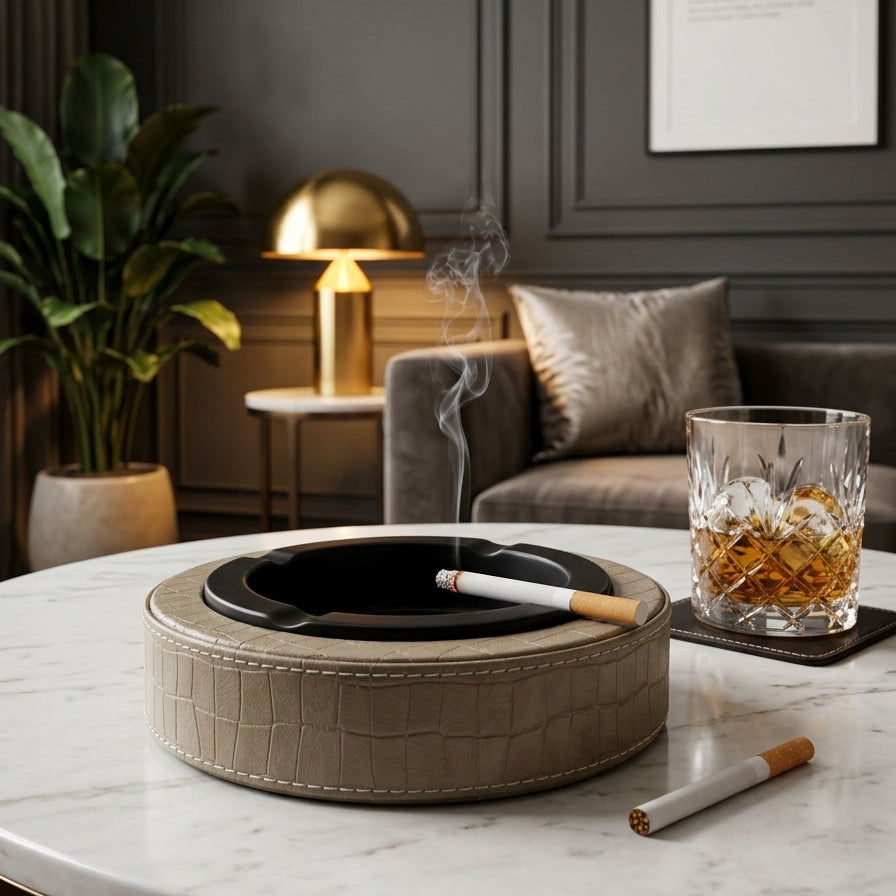 Luxury Leather & Stainless Steel Cigar Ashtray for Home and Office