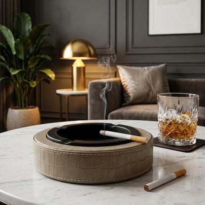Luxury Leather & Stainless Steel Cigar Ashtray for Home and Office