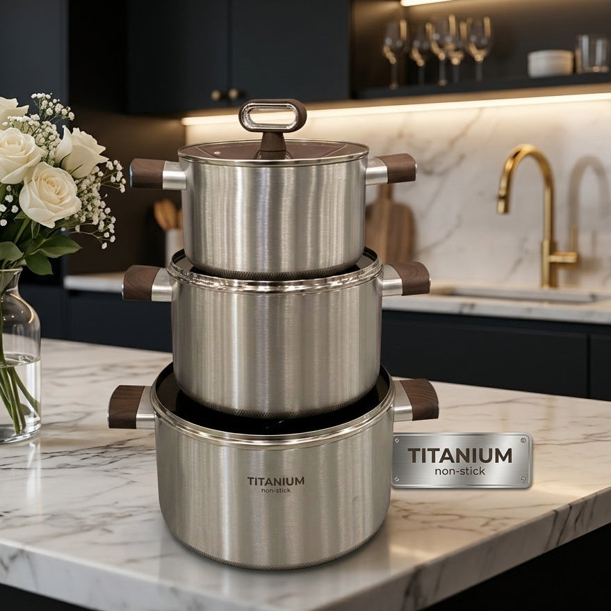 Titanium Non Stick Cooking Pot Set - 3 Piece Stainless Steel Cookware